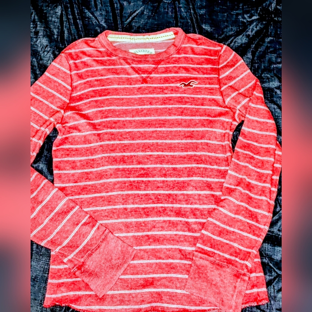 Hollister Red & White Striped Long Sleeve Thermal Ribbed Shirt